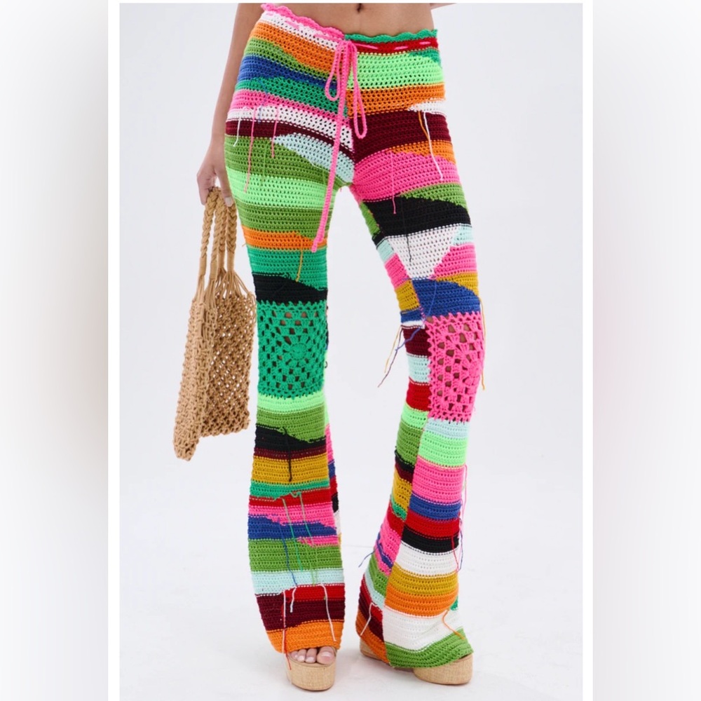 NWOT Akira Colored Heart Crochet Festival Pants Women’s Sz L Funky Baddie Beach
